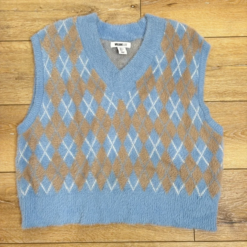 William Rast Womens Argyle Sweater Vest Large Cropped Fuzzy Knit Top Academic